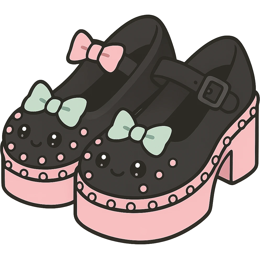 Refine the BLACKPINK-inspired gothic shoes in kawaii style by adding more cute details like bows or studs. Emphasize the black and pink color contrast while keeping the style playful and stylish. No hearts. Transparent background. emoji