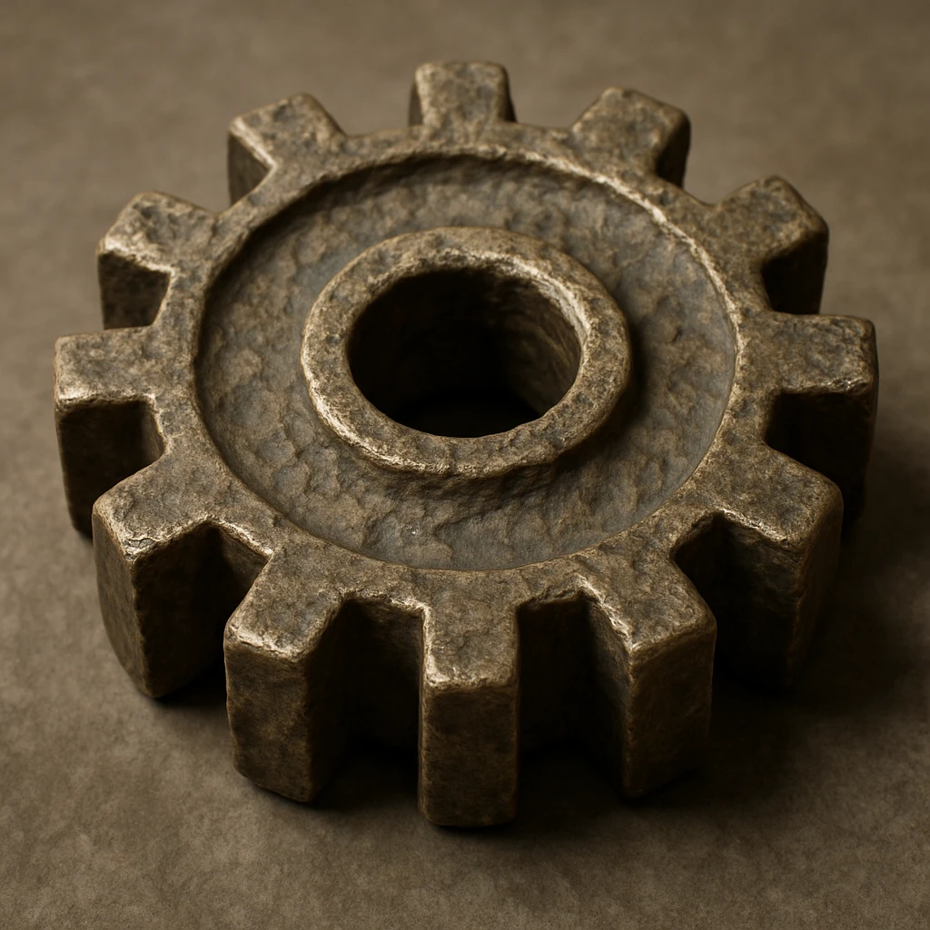 highly detailed, three-dimensional gear carved from ancient, slightly worn metal with realistic shadows and highlights, showing texture and organic imperfections emoji