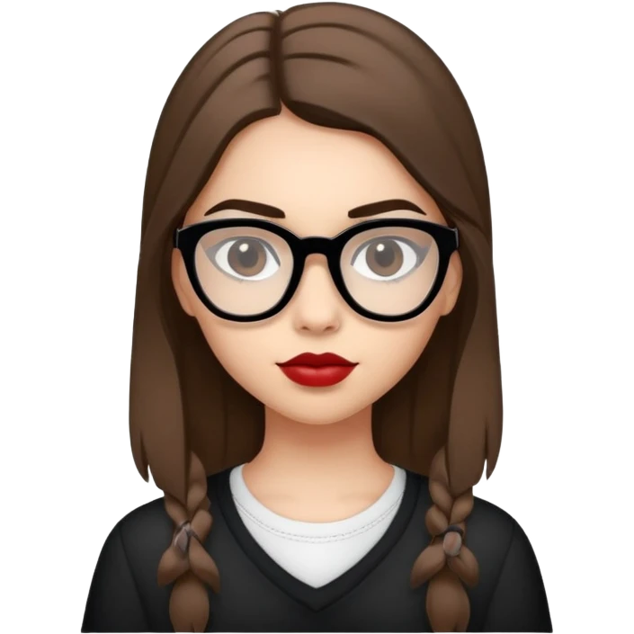 A teenage girl with black glasses a tiny bit of medium length light brown shade of hair thick eyebrows dark brown eyes a medium heart shaped lips  emoji