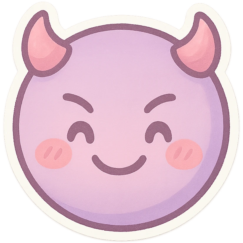 devil emoji, pastel purple and pink, tiny horns, cute expression, chibi style, pastel palette emoji