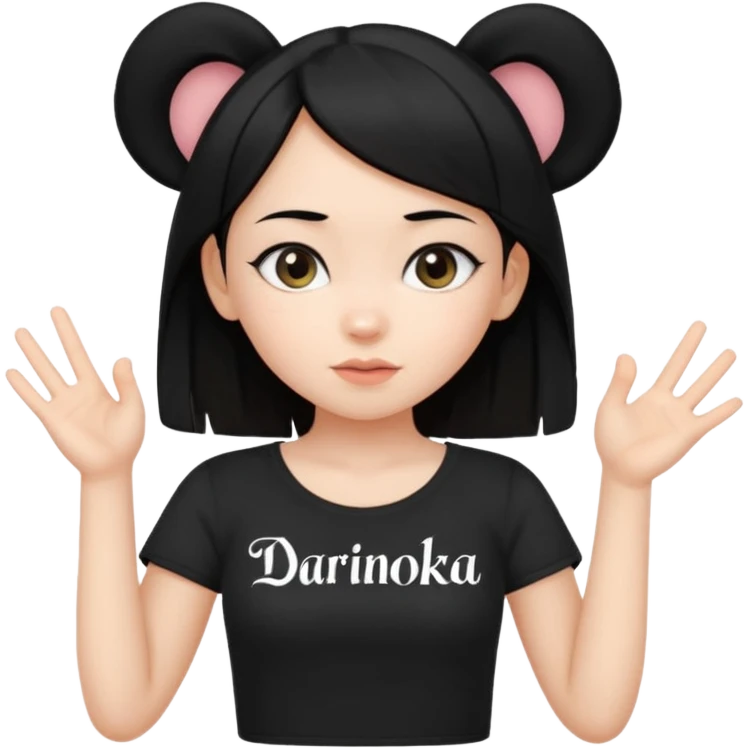 Кошка девочка, черные волосы, милые ушки, черный топик, руки показывают грудь, на топике надпись "дариночка" emoji