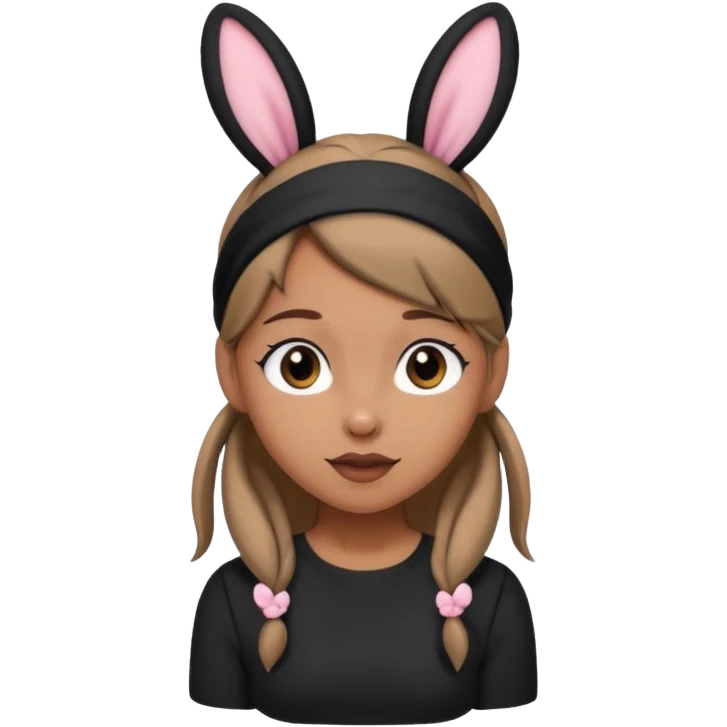 "A tan-skinned person with a high brown ponytail wearing a headband with black bunny ears. The character is dressed in a stylish black outfit. The emoji style should be cute, expressive, and modern — simple but detailed enough to show the ponytail, bunny ears, and outfit clearly." emoji