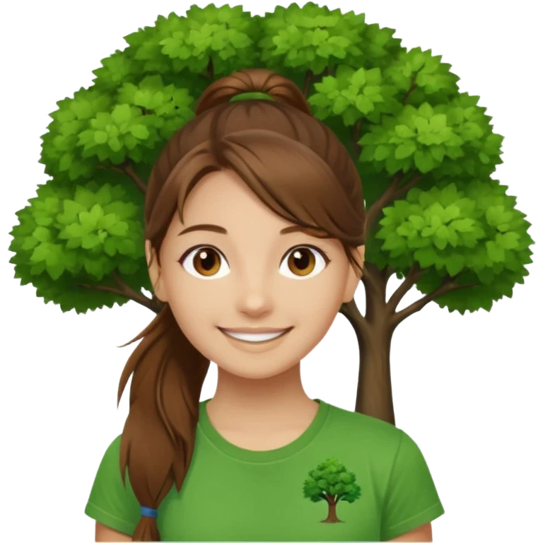 Make a zumba coach emoji, brown eyes, brown hair girl, long ponytail,green t shirt with a tree logo on It emoji