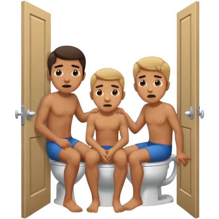 Man using the toilet while the other man is banging on the door begging holding it emoji