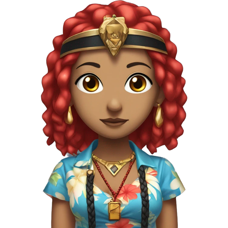 anime woman with red and black hair, wearing a blue hawaiian shirt, red eyes, wearing a cross necklace, wearing a red and black pharaoh headdress emoji