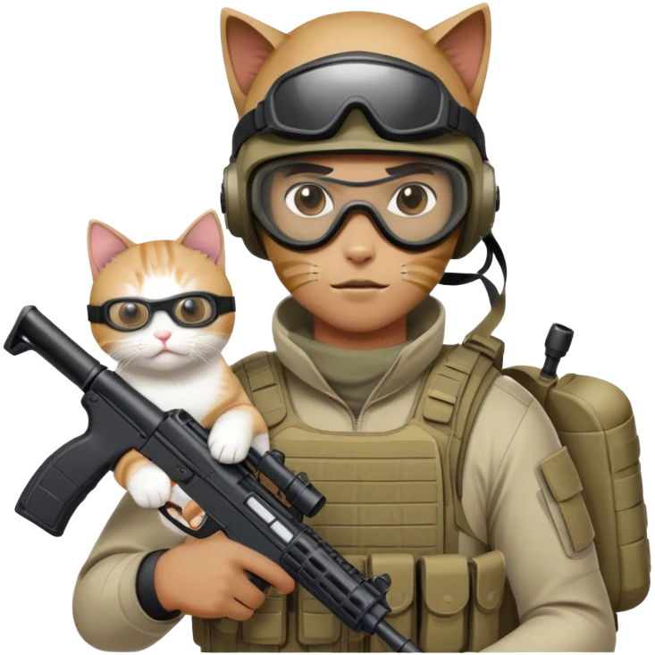 Man in tactical airsoft gear wearing protective goggles on face, holding a gun in one hand and a white and brown cat in the other hand emoji