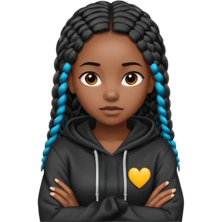 African American dark skin girl with long black box braids wearing a plain black hoodie  with arms folded across chest emoji