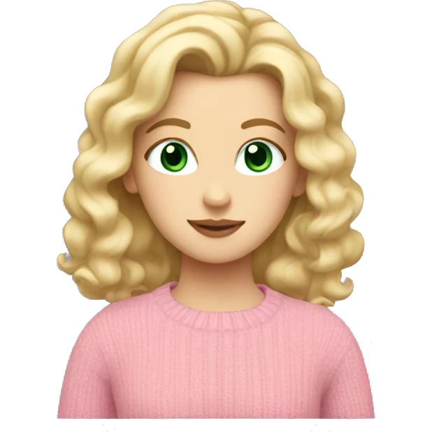 White girl with blonde curled hair and green eyes and a pink sweater emoji
