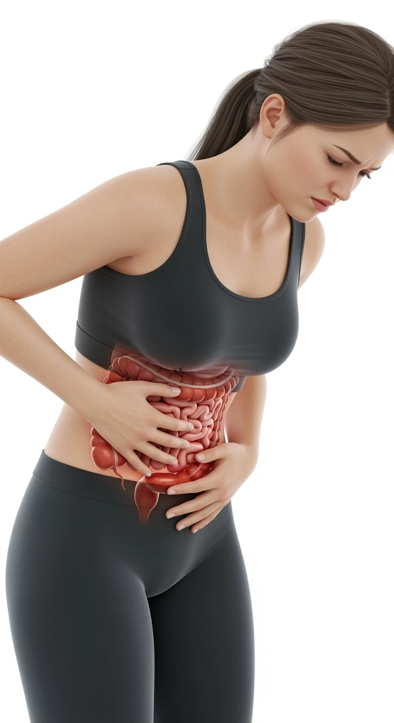 DONNA CON MAL DI PANCIA E INTESTINO UMANO ANATOMICO VISIBILE, IPERREALISTICO 4K, SFONDO BIANCO emoji