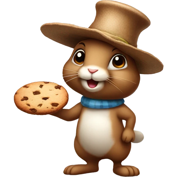 brown rabbit stands on two legs with hat and holding cookie emoji