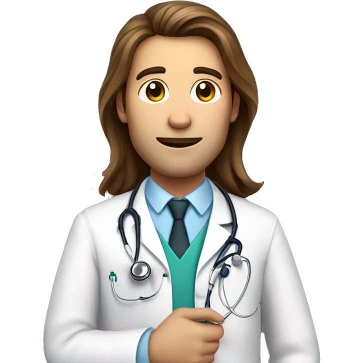 doctor with long brown hair and white skin, holds a stethoscope in his hands emoji