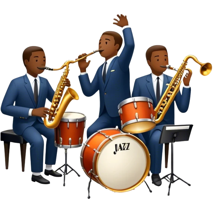 Icon for Jazz Music: The Jazz Messengers, featuring a dynamic composition with Art Blakey on drums and musicians playing saxophone, trumpet, and piano. Musical notes and a warm jazz club atmosphere emphasize the vibrant hard bop style. Transparent background. emoji