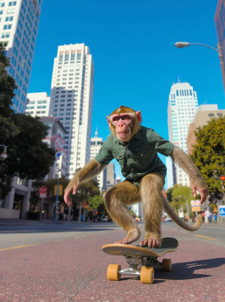 Cinematic still scane, Low angle medium shot, monkey dress in green outfit, monkey ride on skateboard, san francisno downtown with city lanscape, blue clean sky, captured by ARRI Alexa XT, soft cinematic lightning emoji