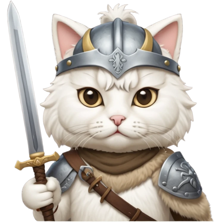 white cat with viking helmet and sword emoji