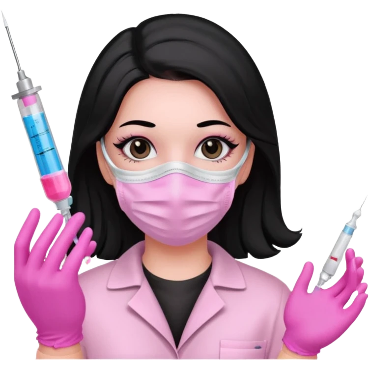 laboratorista con guantes rosa y mascarilla rosa  jeringa tubo laboratorio sin lentes  y  ojos negros cabello largo negro color ojos oscuro emoji