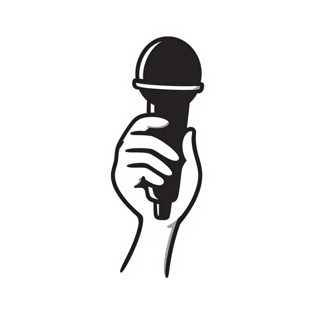 stylized symmetrical hand holding a microphone in doodle style, square format, suitable as emoji for music marketing course cover emoji