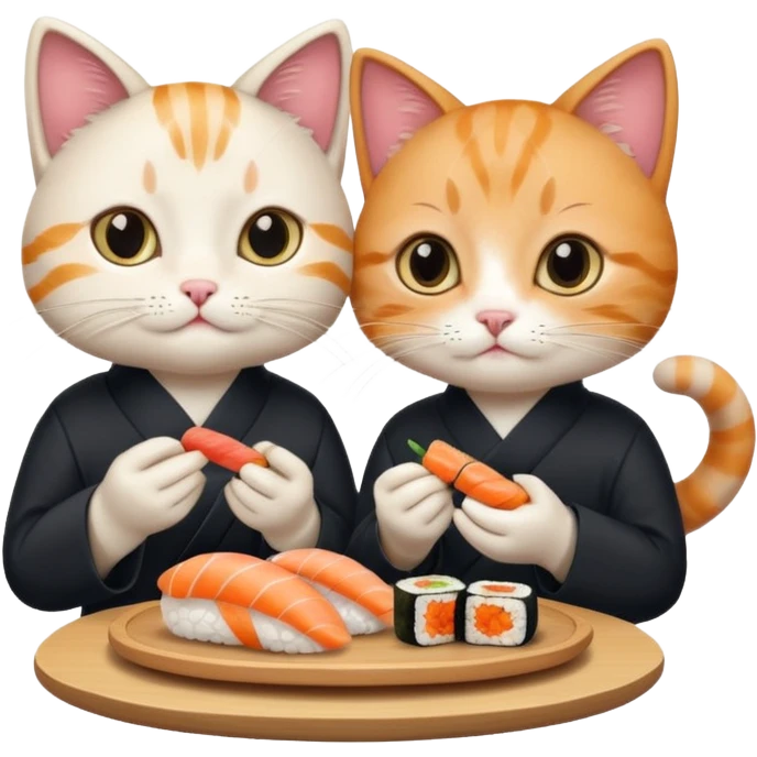 cute girl cat and a cute boy cat eating sushi together emoji