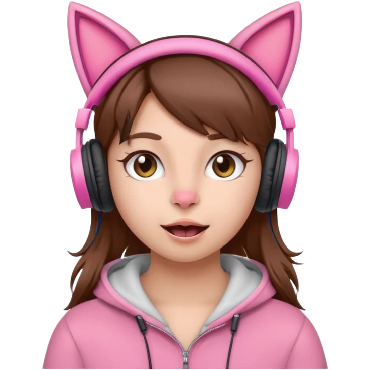 une fille avec des écouteursde chat rose et des cheveux brun qui fais une grimasse emoji