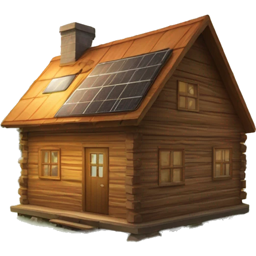 Wood Cabin near tree, 5 stories tall solar, grass field  emoji