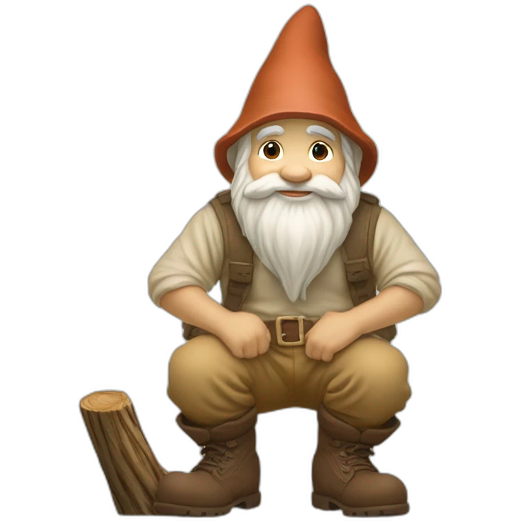side view of gnome with light tan pants and light tan boots squatting next small brown log emoji