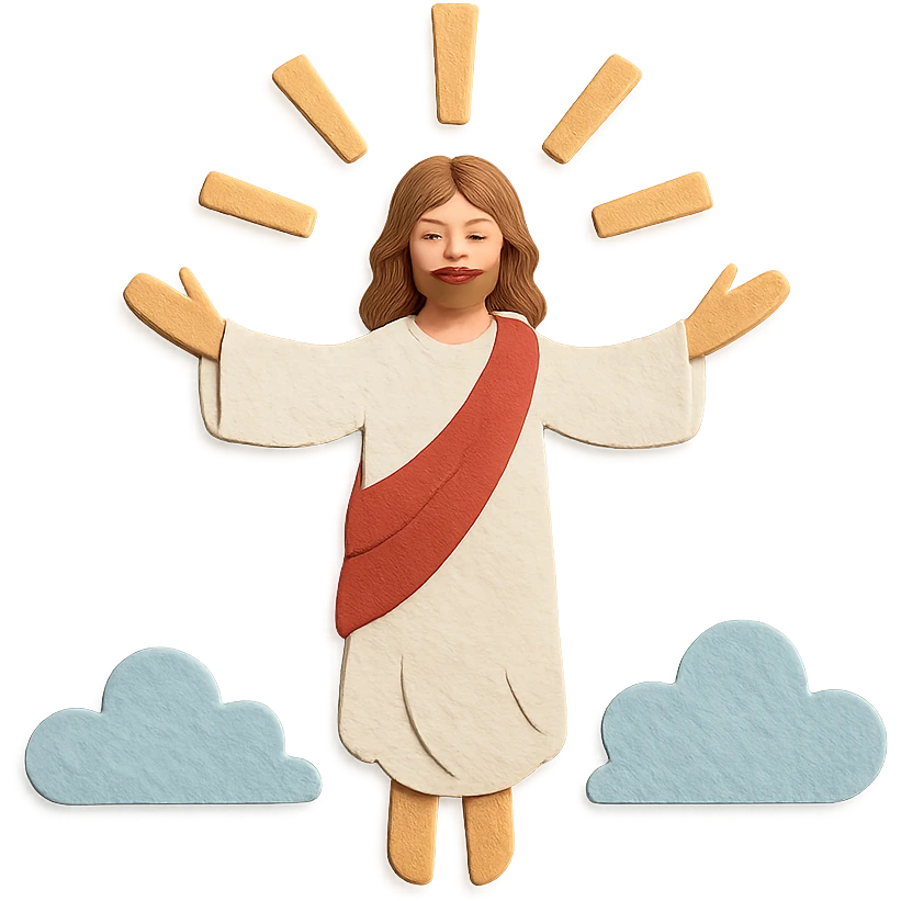 Ascension Day, Jesus ascending into the sky with clouds and rays of light, peaceful and uplifting, paper craft style emoji