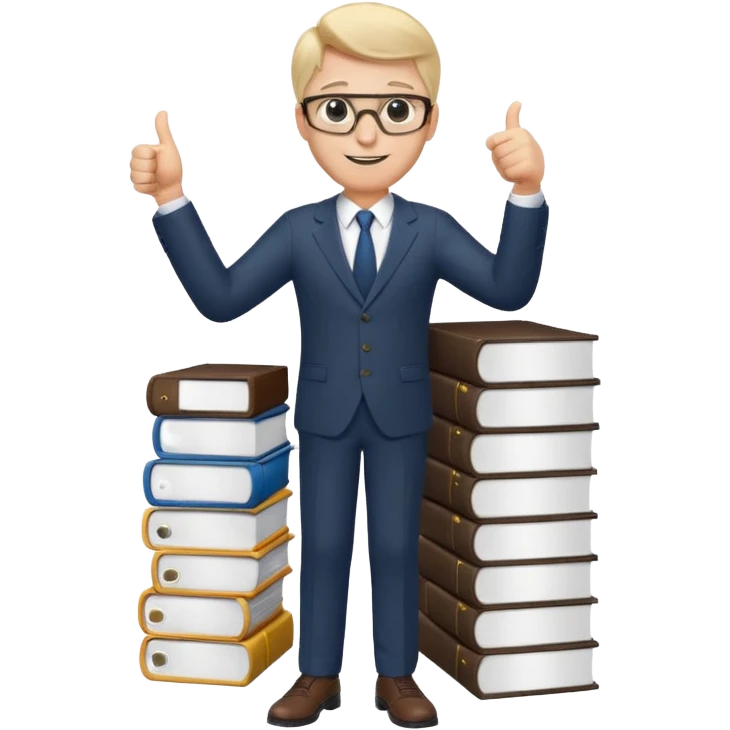 man with glasses, standing on a stack of documents, thumbs up emoji emoji