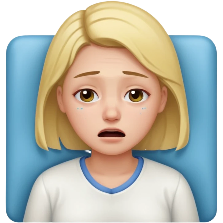 Mulher jovem chorando muito em cima de uma maca de hospital emoji