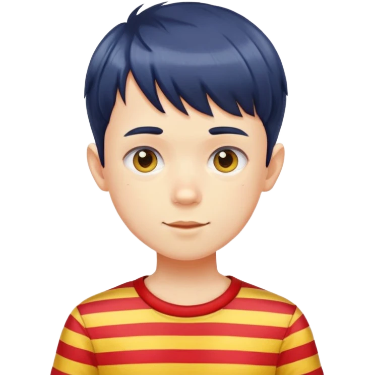 A boy with a pixie haircut wity bangs who wears striped sleeved red and yellow shirt with blue navy shorts  emoji