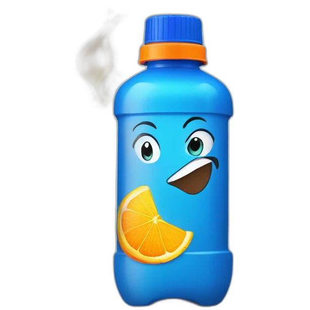 plastic bottle with blue cap, and detitle being SLAP in blue color with a yellowish cartoony fire on the background and the juice being orange emoji