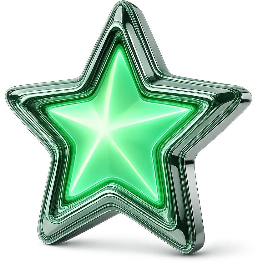 A symmetrical, cartoon-like star with shiny edges, glowing green emoji