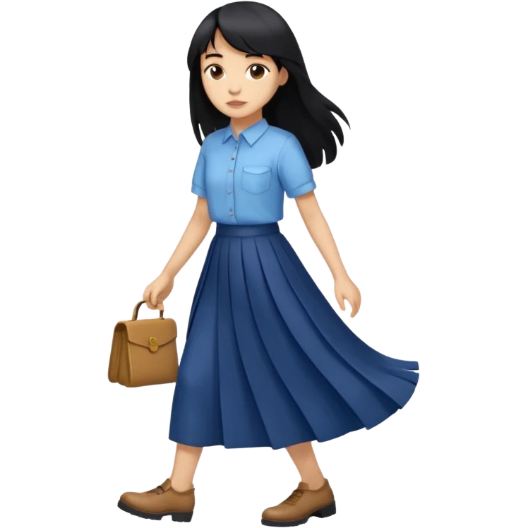 hair : black long hair with fringe 
skin : light 
cloth : oversize light blue shirt + navy long long skirt 
motion : walking 
carry: just hand emoji