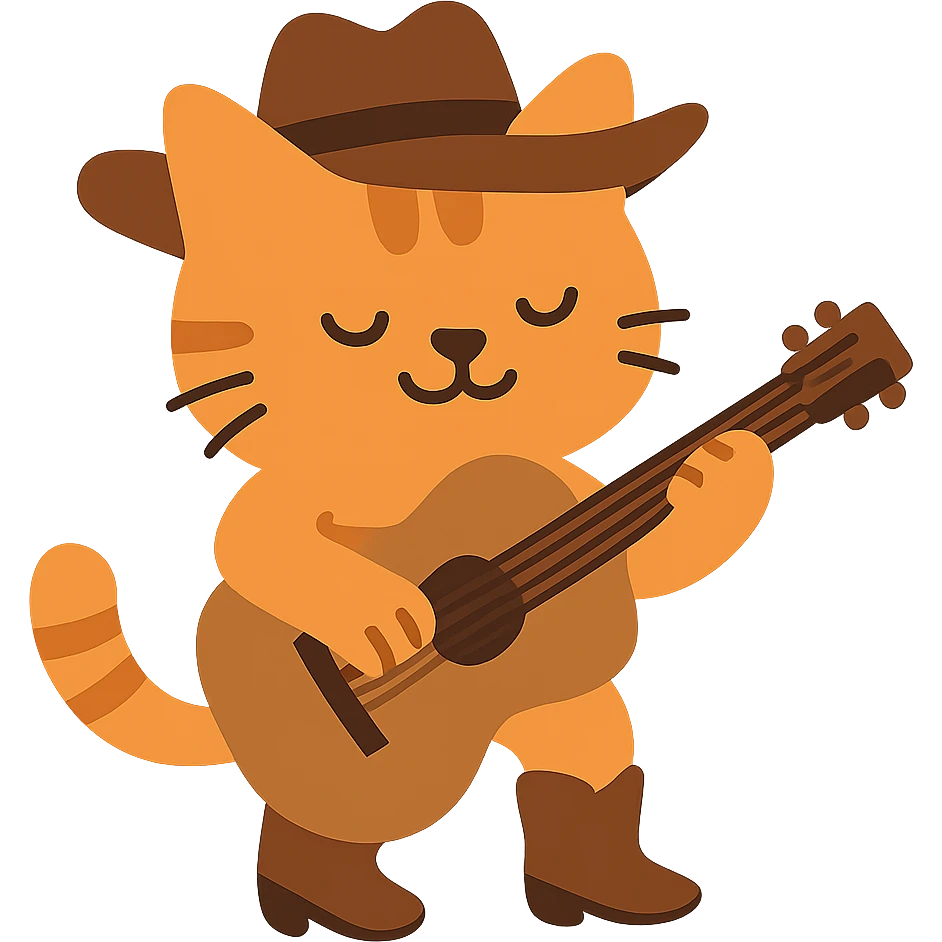 flat toon orange cowboy cat with cowboy boots strumming an acoustic guitar emoji