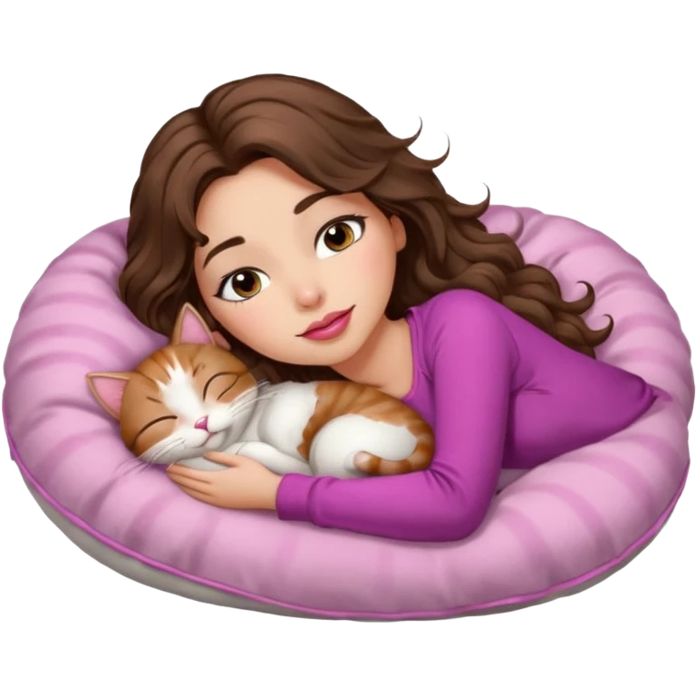 girl with long wavy brown hair, brown eyes, long lashes makeup, sexy pink lips, light to medium complexion,  sleeping on a cozy pillow, with 6 cats, sleeping emoji