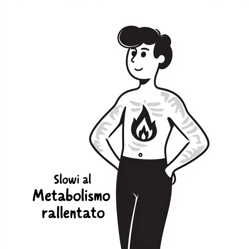 Illustrazione concettuale: silhouette di uomo con muscoli trasparenti e una fiamma piccola al centro, testo in italiano: “Metabolismo rallentato”. emoji