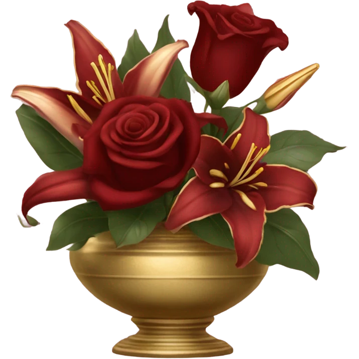 A Baroque-style still life with a bouquet of deep red roses and lilies in a gilded vase, draped in velvet fabric emoji