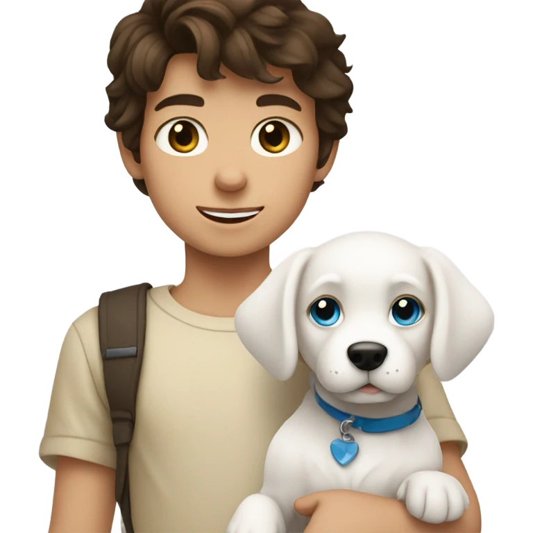 Brunette white boy with blue eyes holding white dog emoji