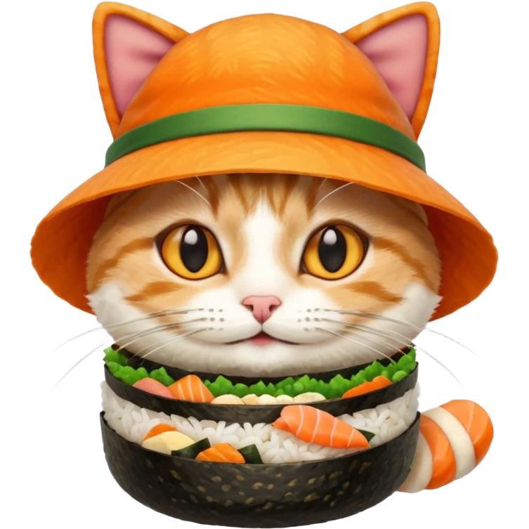 happy cat wearing a hat made out of sushi emoji