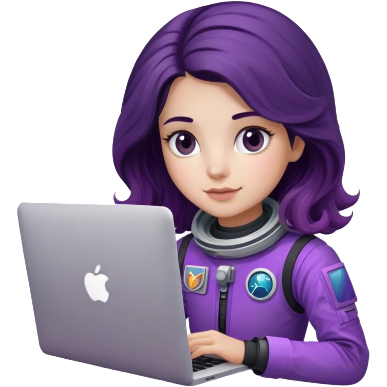 girl astronaut with purple suit, long ombre black/brown wavy hair and one macbook emoji