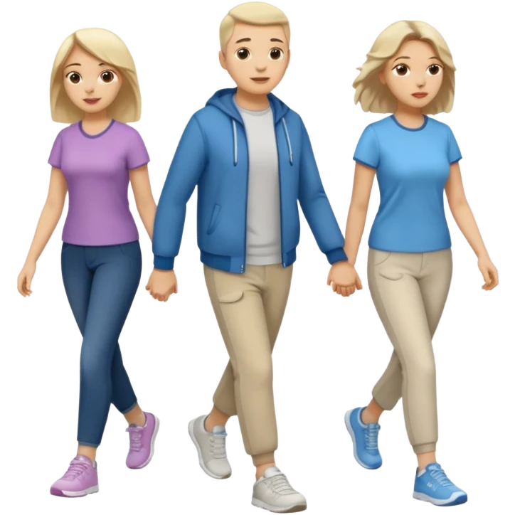 iOS emoji style - a men and 2 women in casual clothes and wearing trainers. Walking in the same direction quickly together. 
Not holding hands. No backpacks. 
 emoji