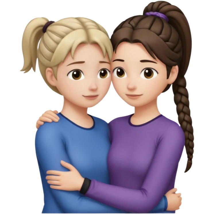 Comforting Hug two white skin women, one shorter woman with medium brown simple top ponytail, not braided, and one taller woman with a single long black side braid emoji