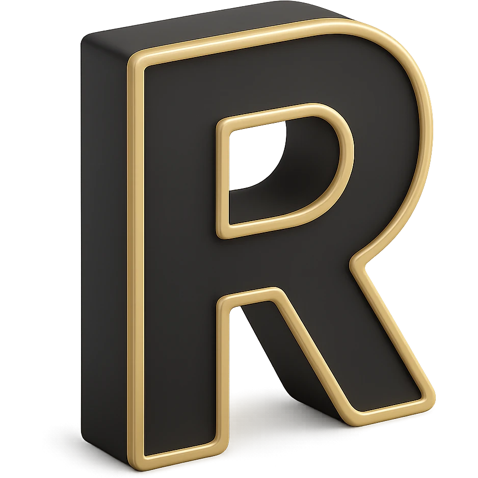 Create the letter R in the 3D Black style, matching the bold, clear, gold-edged look of the reference letter A. emoji