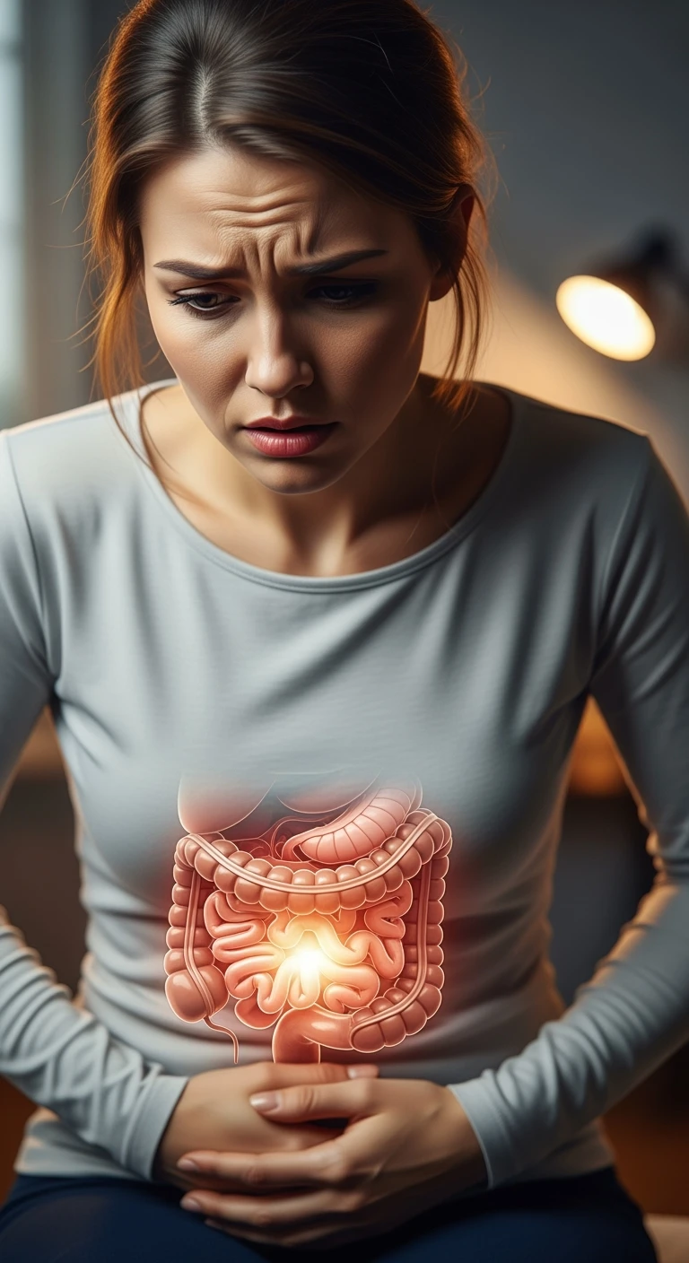 donna stressata con intestino umano anatomico in evidenza, iperrealistica 4k emoji