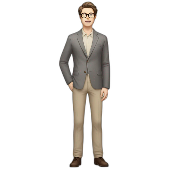 Full height Pale skinned Fit Man With dark brown hair in gray classic jacket, beige office shirt, Brown pants and vintage glasses. Thrumbs of his palms upwards emoji