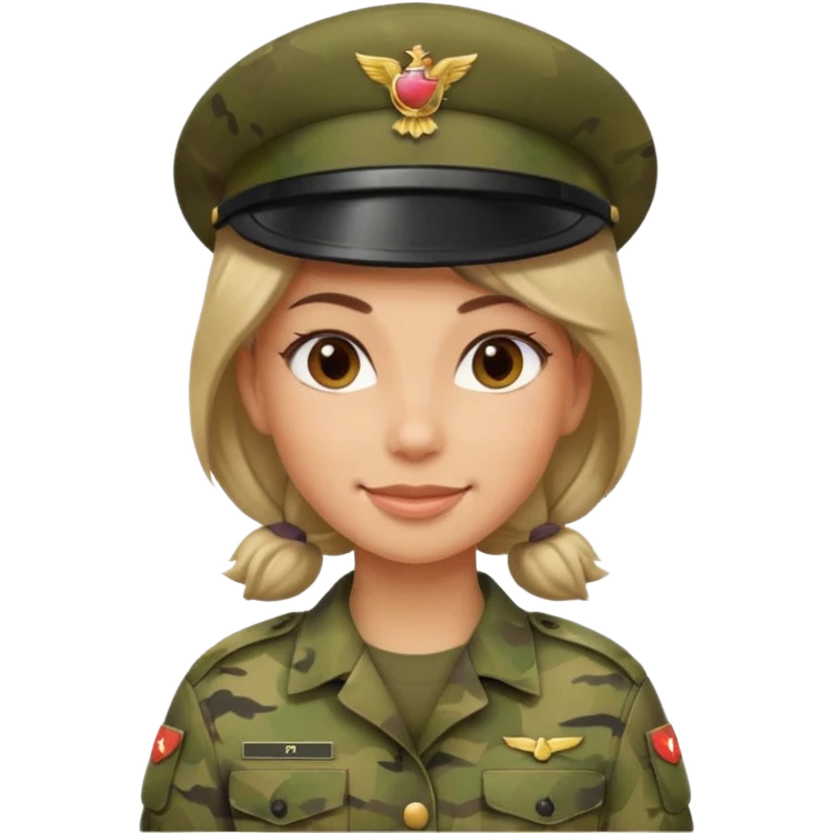Female soldier emoji in Apple style, no cap/helmet, bust portrait, gentle smile, generic camo, hair visible, soft gradients emoji