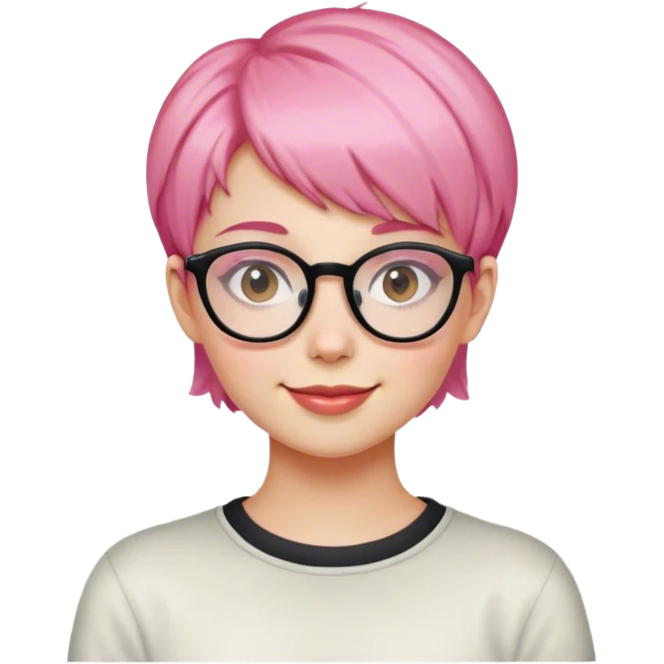 women with short hair, the color is pink, use glasses, have an apple cheeck, have eye smile, cute, the age is 20 years old emoji