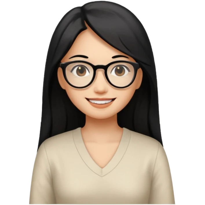 medium tan asian woman with long black hair past middle of back, round brown eyes, white v neck blouse. she has black  square frame glasses on and smiling with no teeth emoji