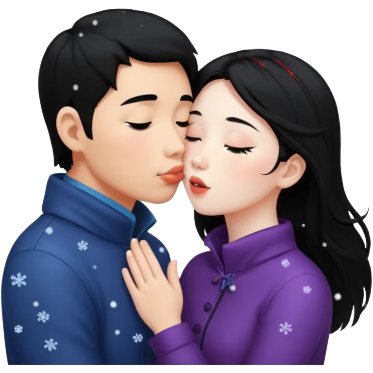 black long haired asian guy kissing redhead girl in snow falling emoji