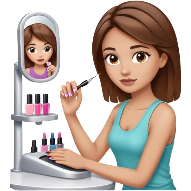 Girl with brown hair and light brown highlights with makeup and has a cute tank top on getting her nails done  emoji