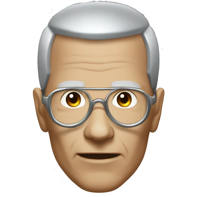 Older Male cyborg head with metallic plated face, brown flat top haircut, glasses and circuitry emoji