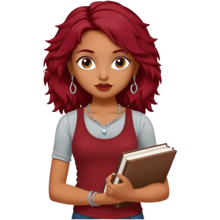 a pretty tan indian bratz girl with messy dark wavyred hair, wearing a dark red tank top, layered silver necklaces. Carrying multiple sketchbooks emoji